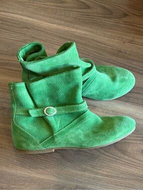 Bright Green Suede Ankle Boots with Wrap Detail
